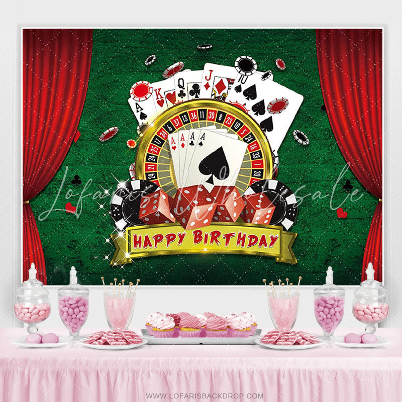 Lofaris Red Curtains Green Jackpot Happy Birthday Backdrop