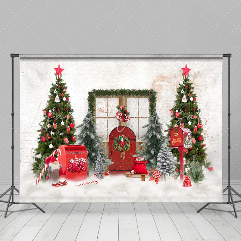 Lofaris Red Door And Christmas Green Tree White Backdrop For Party