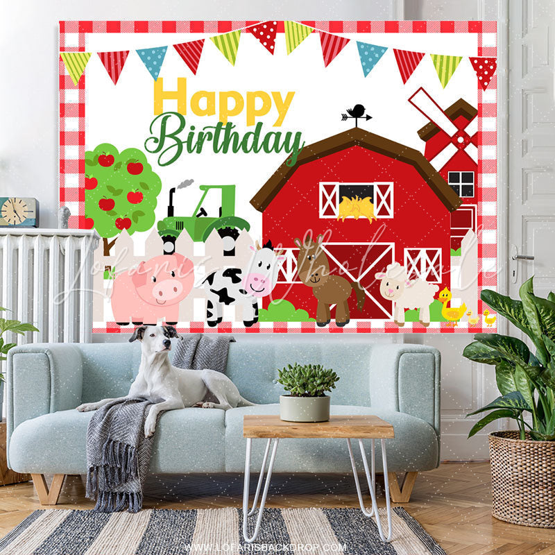 Lofaris Red Farm House And Animals Happy Birthday Backdrop