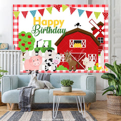 Lofaris Red Farm House And Animals Happy Birthday Backdrop