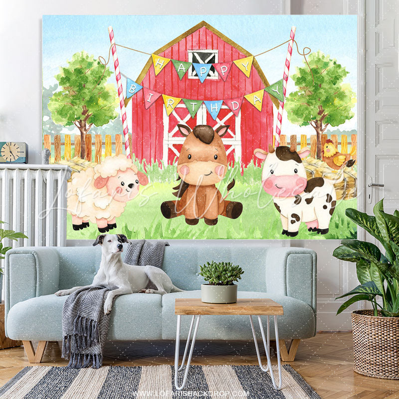 Lofaris Red Farm Theme With Cute Safari Happy Birthday Backdrop