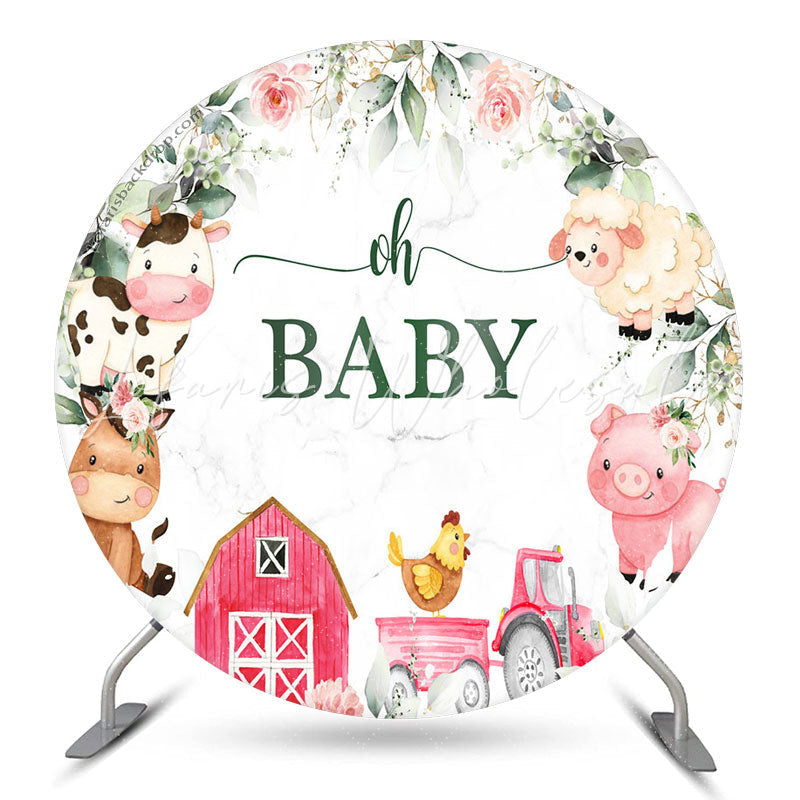 Lofaris Red Farmhouse Animals Oh Baby Shower Round Backdrop