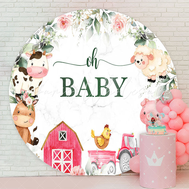 Lofaris Red Farmhouse Animals Oh Baby Shower Round Backdrop