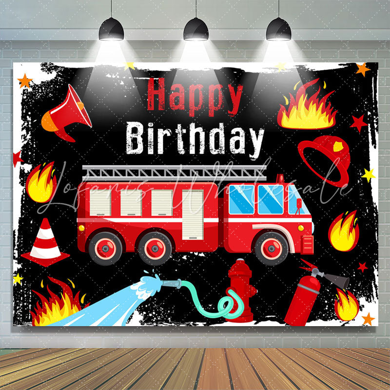 Lofaris Red Fire Truck Black Birthday Backdrop Banner For Boy