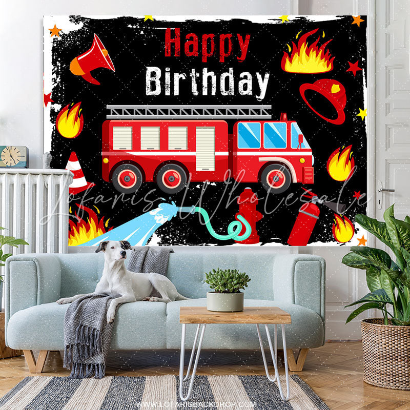 Lofaris Red Fire Truck Black Birthday Backdrop Banner For Boy