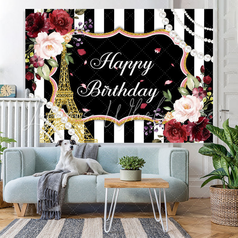 Lofaris Red Floral And Glitter Eiffel Tower Birthday Backdrop