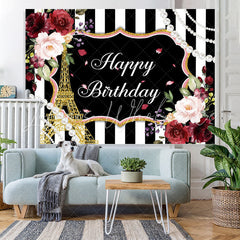 Lofaris Red Floral And Glitter Eiffel Tower Birthday Backdrop