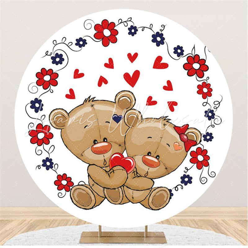 Lofaris Red Floral And Love Bear Round White Baby Shower Backdrop