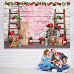 Lofaris Red Floral And Teddy Bear Brick Baby Shower Backdrop