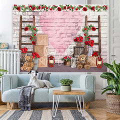 Lofaris Red Floral And Teddy Bear Brick Baby Shower Backdrop