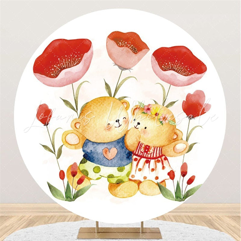 Lofaris Red Floral And Teddy Bears Round Valentines Backdrop