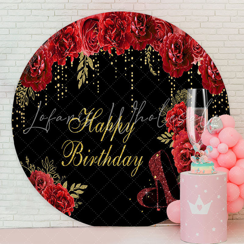 Lofaris Red Floral Glitter High Heels Round Birthday Backdrop
