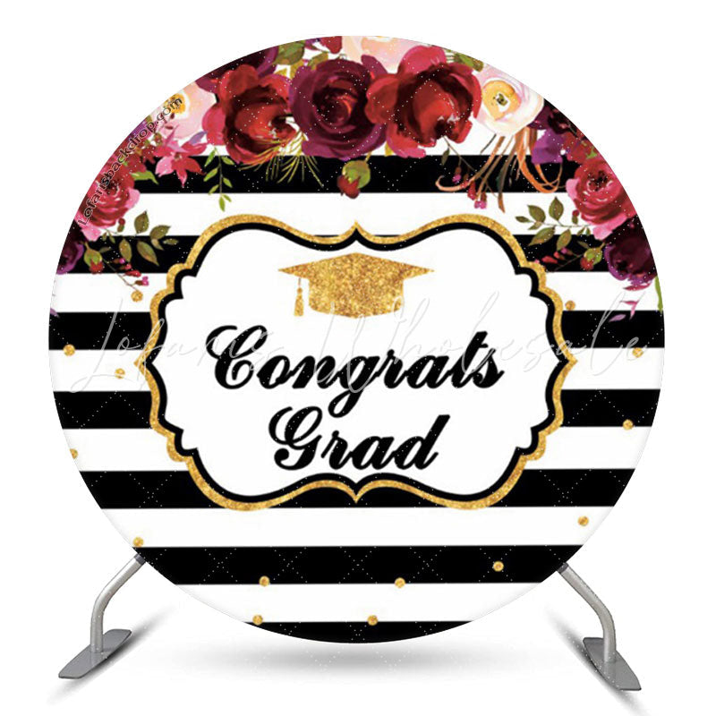 Lofaris Red Floral Stripe Graduation Party Circle Backdrop