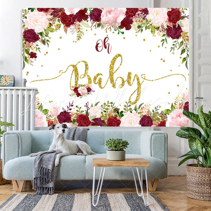 Lofaris Red Floral with Glitter Baby Shower Backdrop For Girl