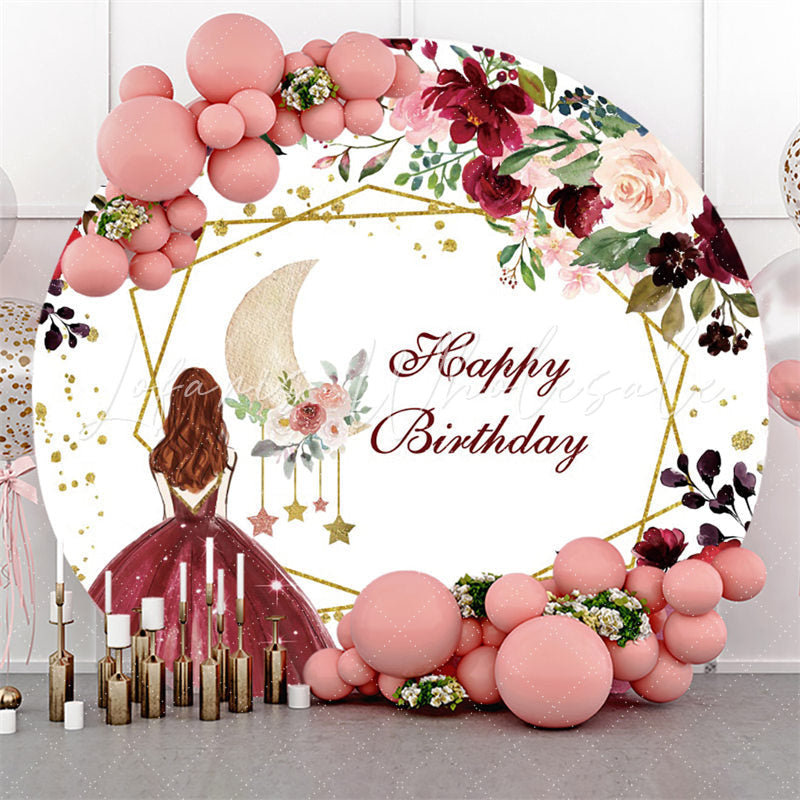 Lofaris Red Flower And Moon Happy Birthday Circle Backdrop