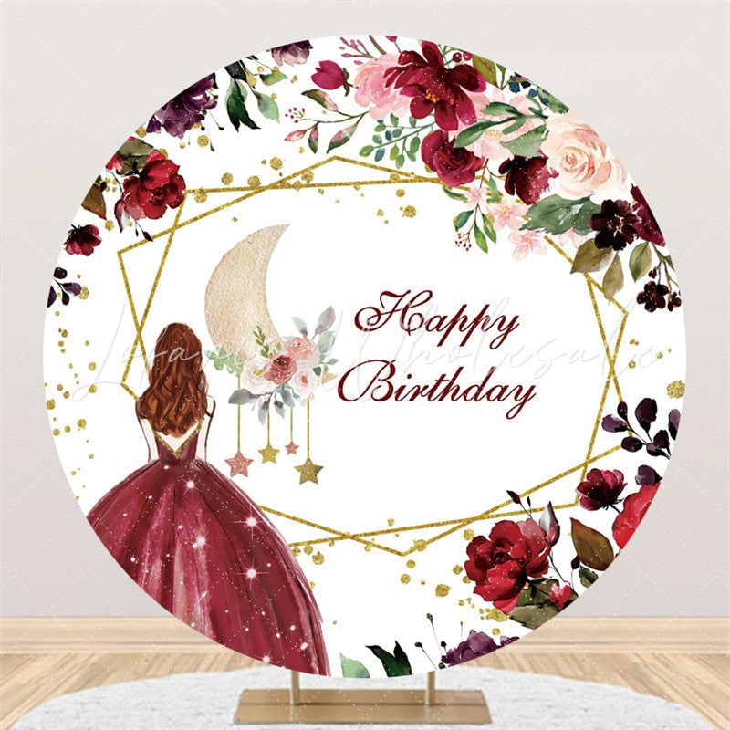 Lofaris Red Flower And Moon Happy Birthday Circle Backdrop