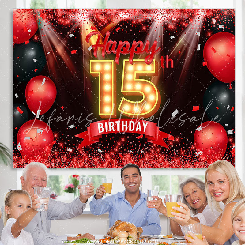 Lofaris Red Glitter Bokeh Balloons Black 15th Birthday Backdrop