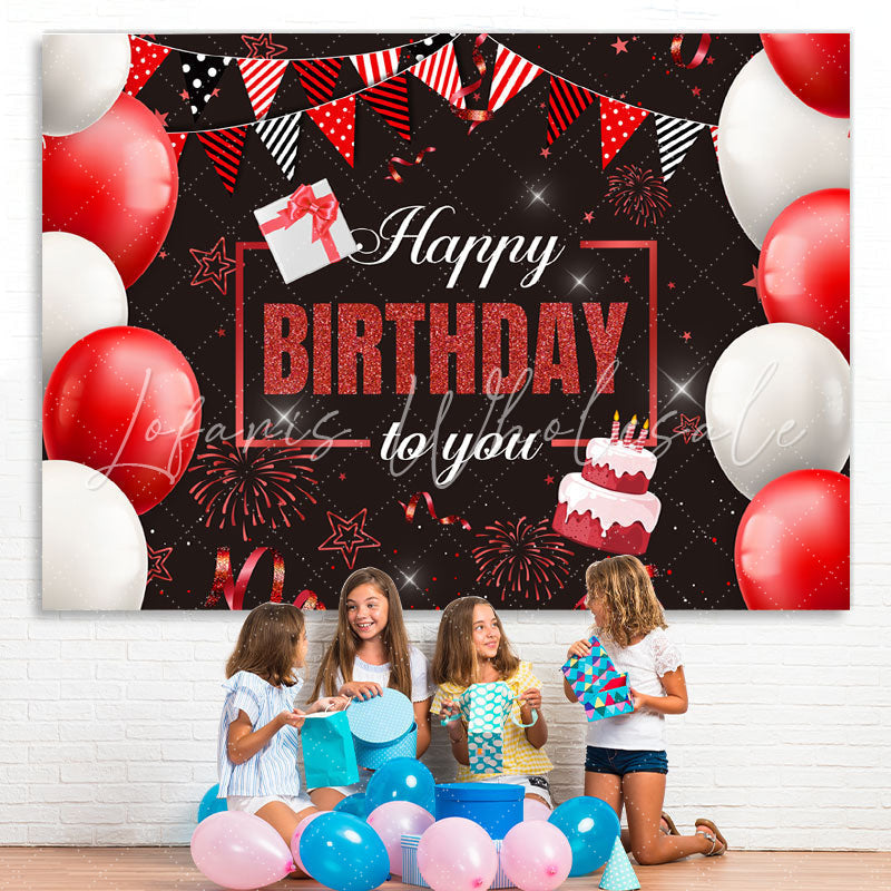 Lofaris Red Glitter Flags And Balloons Happy Birthday Backdrop