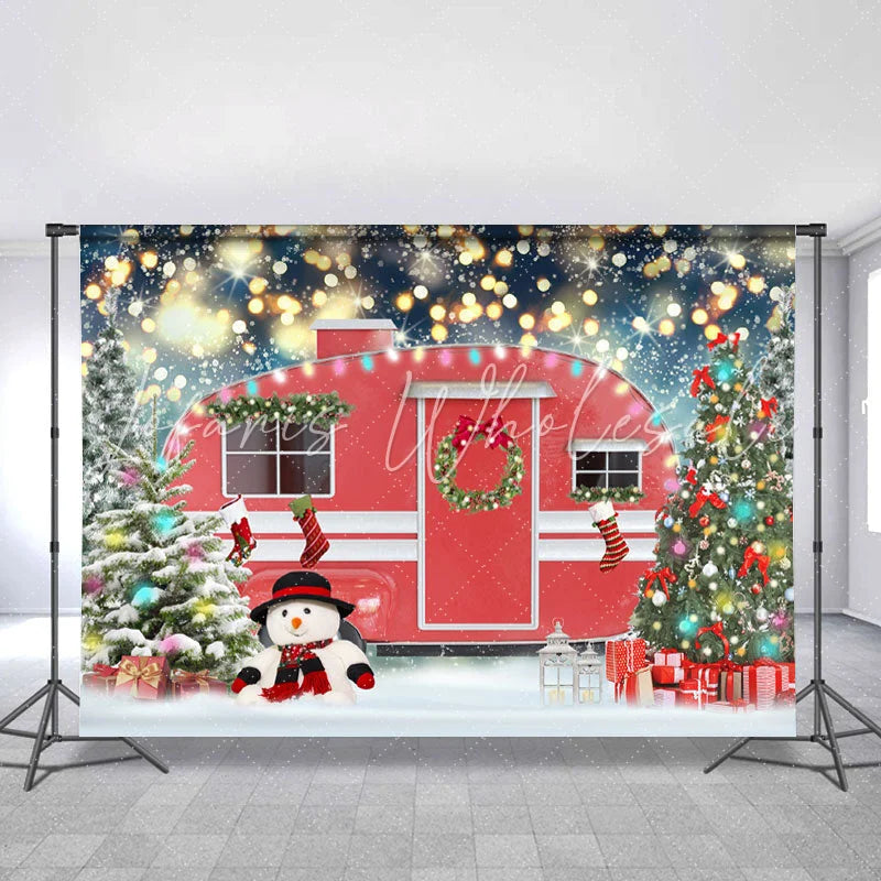 Lofaris Red House And Color Tree Glitter Christmas Backdrop