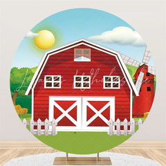 Lofaris Red House Green Tree Happy Birthday Round Backdrop