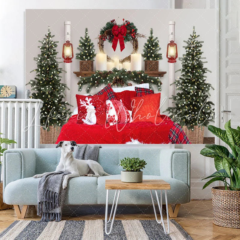 Lofaris Red Pillow Christmas Tree Lights Photo Backdrop for Family