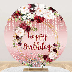 Lofaris Red Pink Glitter Floral Leaf Round Birthday Backdrop