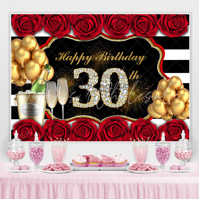 Lofaris Red Rose And Gold Balloon Happy 30Th Birthday Backdrop