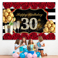 Lofaris Red Rose And Gold Balloon Happy 30Th Birthday Backdrop