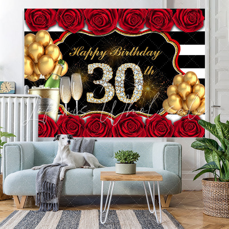 Lofaris Red Rose And Gold Balloon Happy 30Th Birthday Backdrop