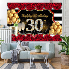Lofaris Red Rose And Gold Balloon Happy 30Th Birthday Backdrop