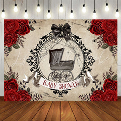 Lofaris Red Rose Black Stroller Bowknot Baby Shower Backdrop