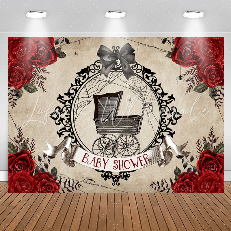 Lofaris Red Rose Black Stroller Bowknot Baby Shower Backdrop