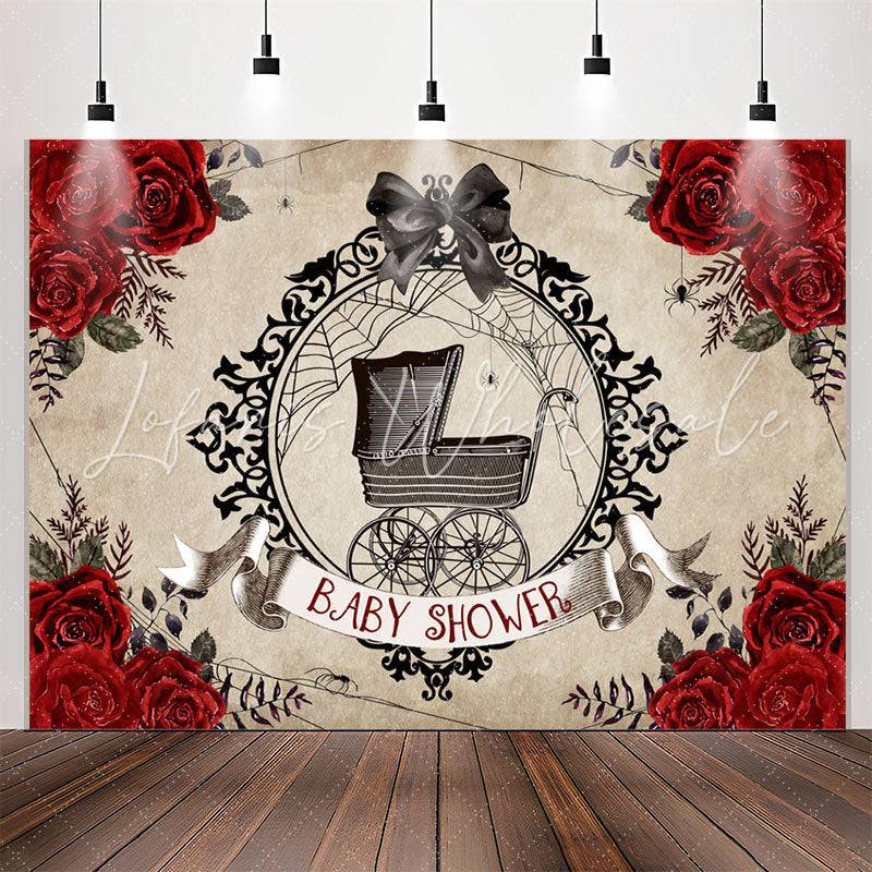 Lofaris Red Rose Black Stroller Bowknot Baby Shower Backdrop
