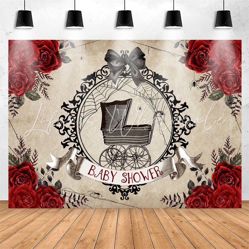 Lofaris Red Rose Black Stroller Bowknot Baby Shower Backdrop