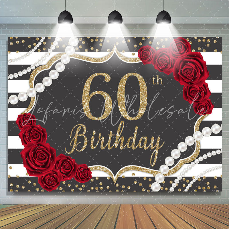 Lofaris Red Rose Dark Gery Glitter Happy 60Th Birthday Backdrop