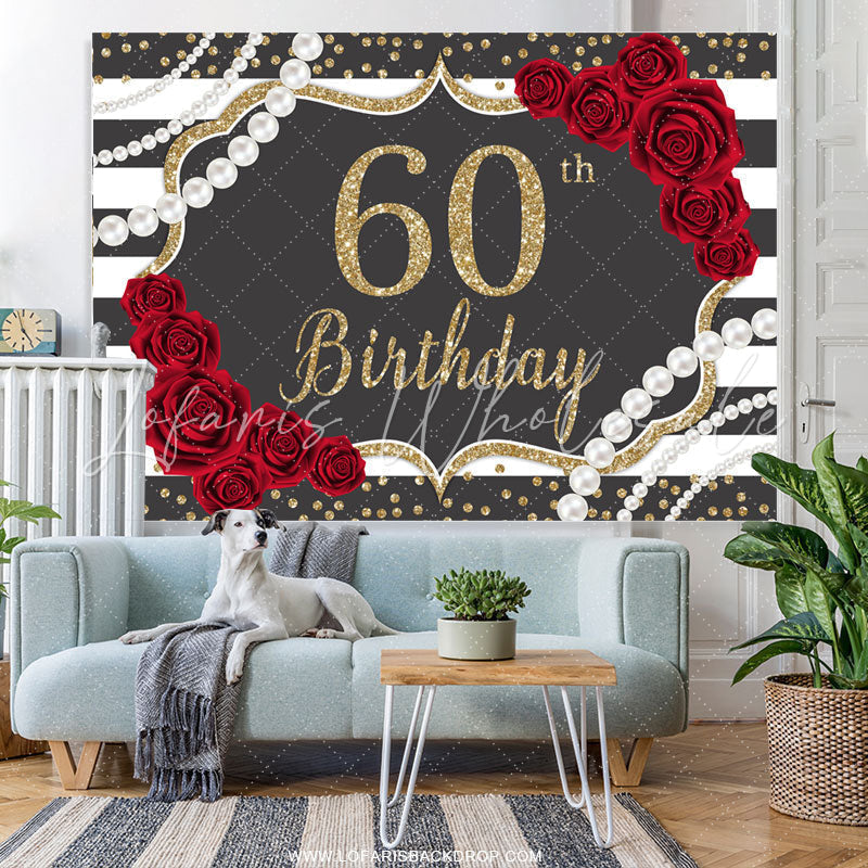 Lofaris Red Rose Dark Gery Glitter Happy 60Th Birthday Backdrop