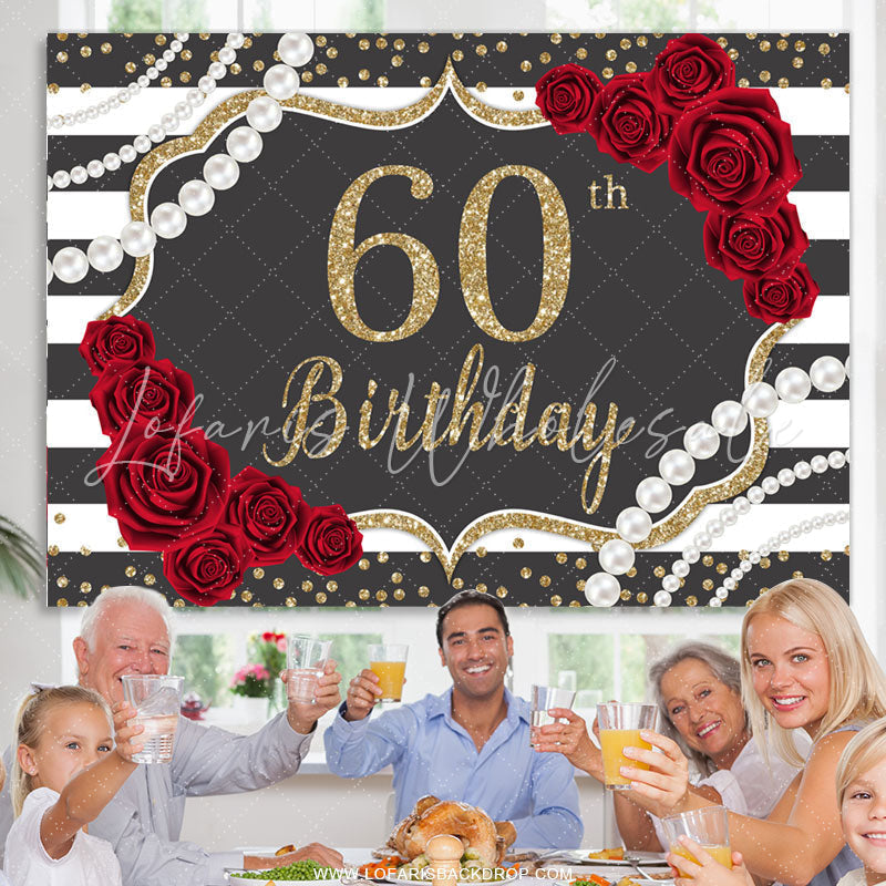Lofaris Red Rose Dark Gery Glitter Happy 60Th Birthday Backdrop