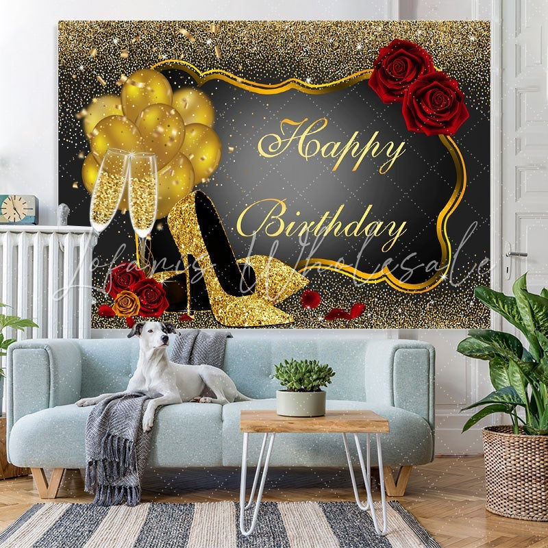 Lofaris Red Rose Floral Glitter Gold Happy Birthday Backdrop