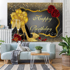 Lofaris Red Rose Floral Glitter Gold Happy Birthday Backdrop