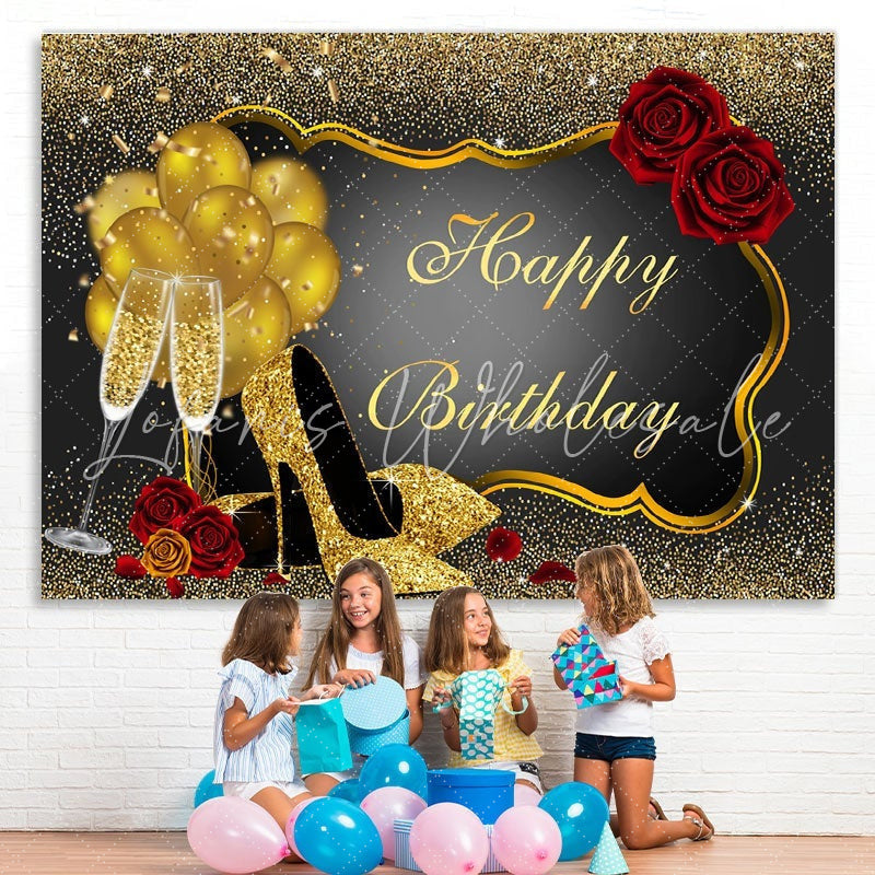 Lofaris Red Rose Floral Glitter Gold Happy Birthday Backdrop