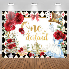 Lofaris Red Rose Rhombic Plaid Teatime 1st Birthday Backdrop