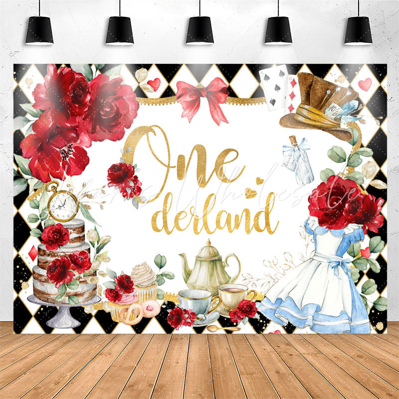 Lofaris Red Rose Rhombic Plaid Teatime 1st Birthday Backdrop