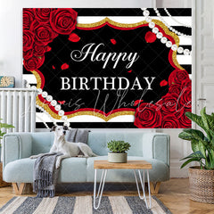 Lofaris Red Roses White And Black Stripe Pearl Birthday Backdrop