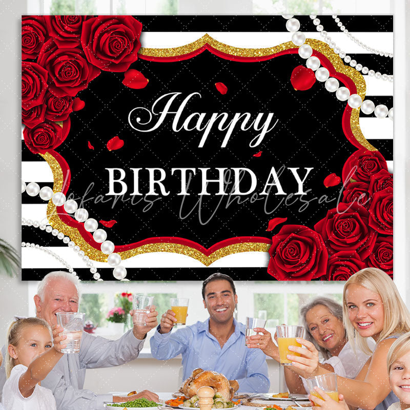 Lofaris Red Roses White And Black Stripe Pearl Birthday Backdrop