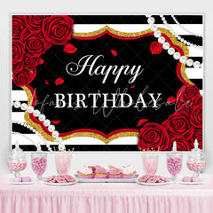 Lofaris Red Roses White And Black Stripe Pearl Birthday Backdrop