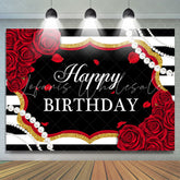 Lofaris Red Roses White And Black Stripe Pearl Birthday Backdrop