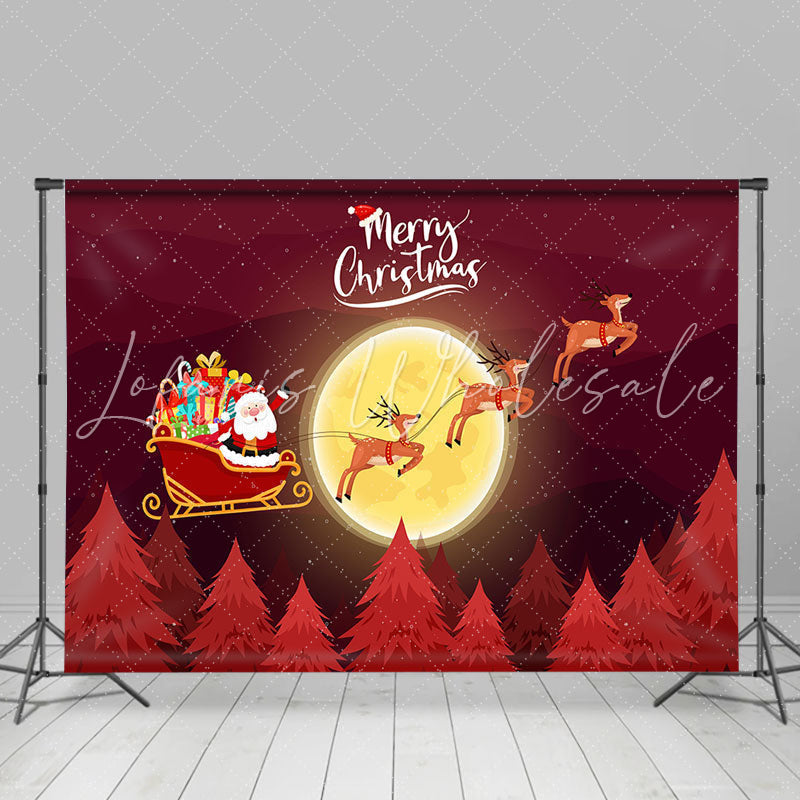Lofaris Red Santa Moon Elks Sleigh Trees Christmas Backdrop
