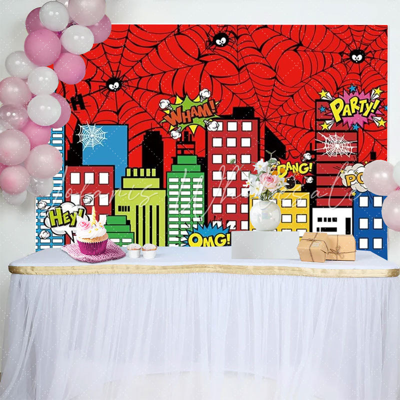 Red Spider Web Super City Backdrop Party Decorations