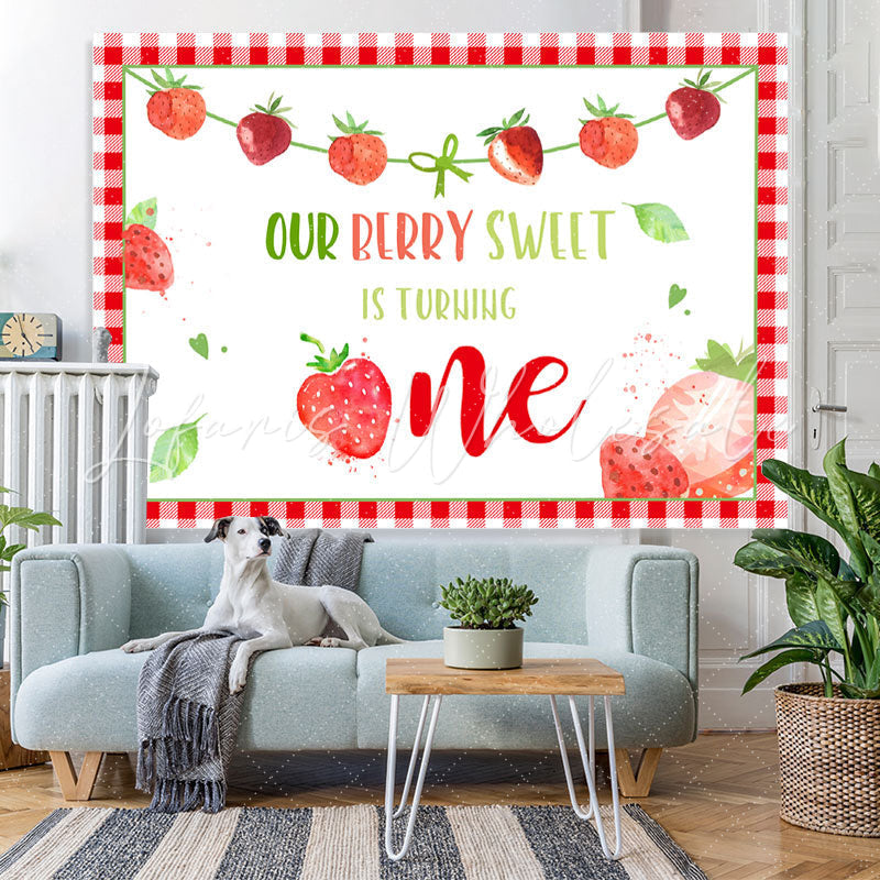 Lofaris Red Squares Lovely Strawberries 1st Birthday Backdrop