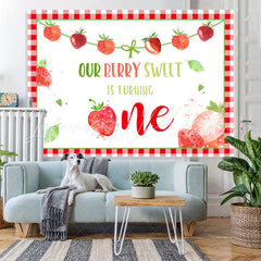 Lofaris Red Squares Lovely Strawberries 1st Birthday Backdrop